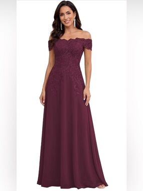 Chiffon One-Shoulder Lace embellished Bodice Evening Gown in burgundy sz 16
